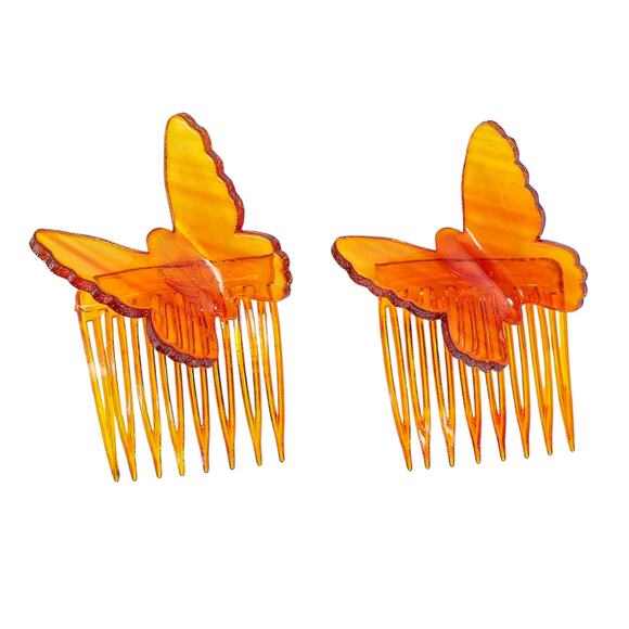 Vintage Amber Celluloid Butterfly Hair Combs, Made in USA – 1940s Factory-Split - Picture 2 of 8
